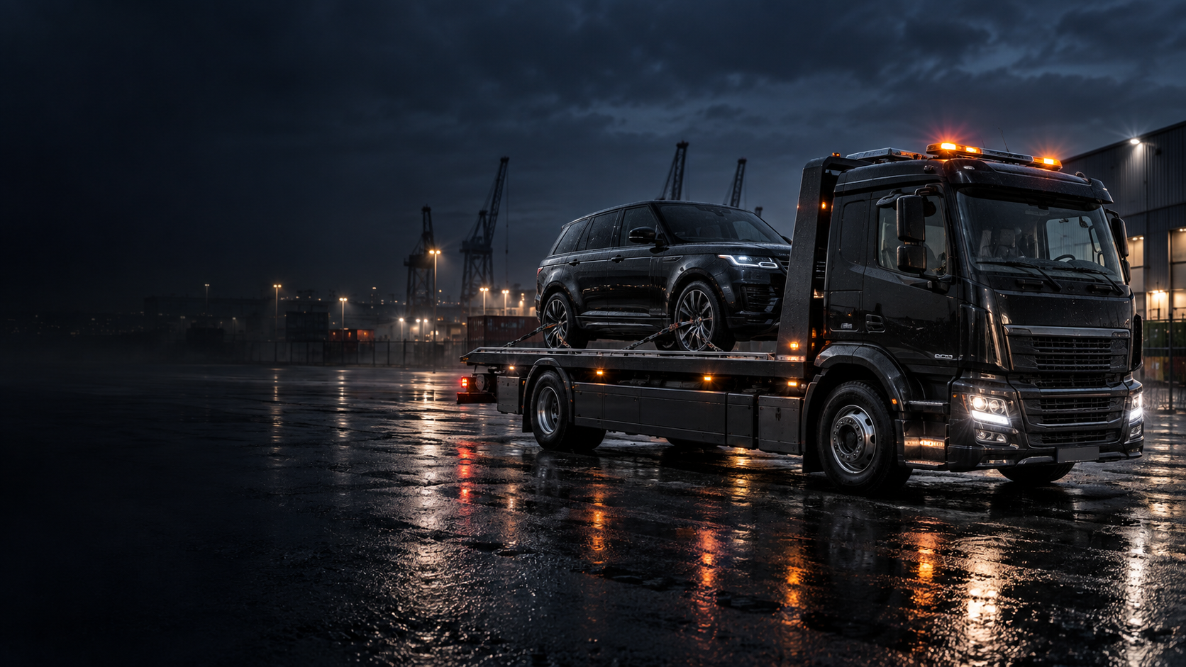 Recovery truck carrying an SUV on a rain-soaked road at dusk